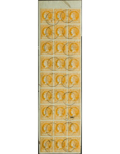 Islas Baleares. Filatelia. 52(27). 1860. 4 cuartos naranja, bloque de veintisiete, sobre fragmento. Matasello MANACOR / MALLOR