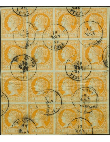 Comunidad Valenciana. Filatelia. º52(16). 1860. 4 cuartos naranja, bloque de dieciséis. Matasello LIRIA / VALENCIA. MAGNIFICO