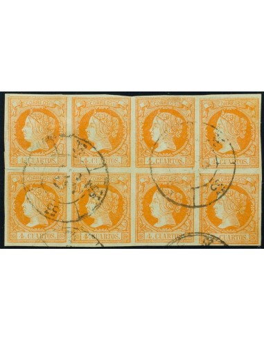 Andalucía. Filatelia. º52(8). 1860. 4 cuartos naranja, bloque de ocho. Matasello R.CARRETA Nº53, de Ecija. MAGNIFICO Y RARISIM