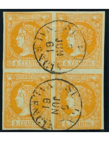 Comunidad Valenciana. Filatelia. º52(4). 1860. 4 cuartos naranja, bloque de cuatro. Matasello SUECA / VALENCIA (Tipo I). MAGNI