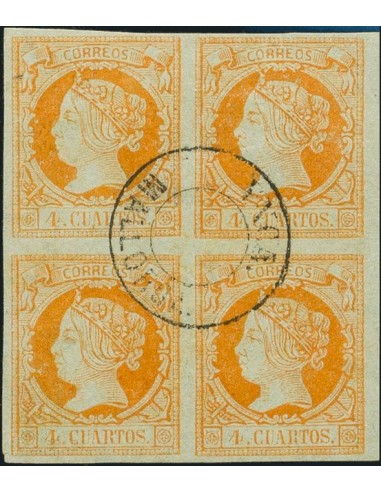 Islas Baleares. Filatelia. º52(4). 1860. 4 cuartos naranja, bloque de cuatro. Matasello YNCA / MALLORCA, sin bloque fechador.