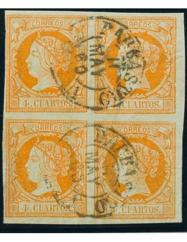 Aragón. Filatelia. º52(4). 1860. 4 cuartos naranja, bloque de cuatro. Matasello BARBASTRO / HUESCA (Tipo I). MAGNIFICO Y MUY R
