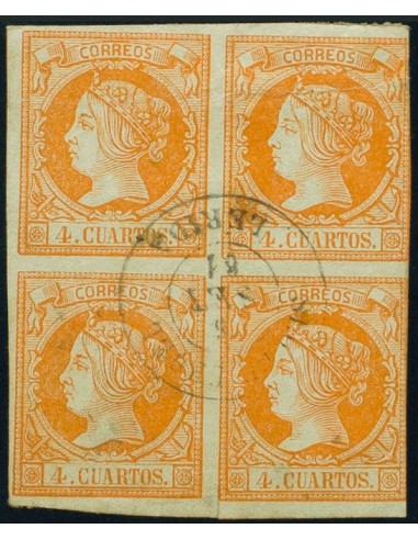 Cataluña. Filatelia. º52(4). 1860. 4 cuartos naranja, bloque de cuatro. Matasello SEO DE URGELL / LERIDA. BONITO.