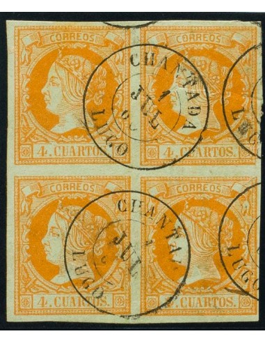 Galicia. Filatelia. º52(4). 1860. 4 cuartos naranja, bloque de cuatro. Matasello CHANTADA / LUGO. MAGNIFICO.