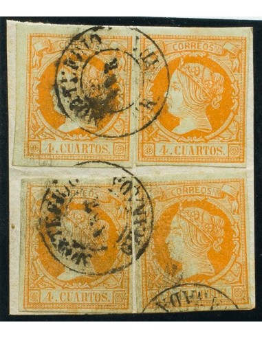 Andalucía. Filatelia. º52(4). 1860. 4 cuartos naranja, cuatro sellos, sobre fragmento. Matasello MONTEFRIO / GRANADA. MAGNIFIC