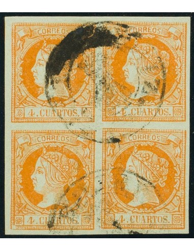 Castilla y León. Filatelia. º52(4). 1860. 4 cuartos naranja, bloque de cuatro. Matasello prefilatélico CASTROJERIZ. MAGNIFICO
