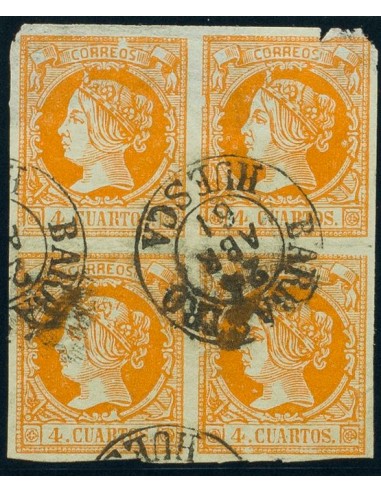 Aragón. Filatelia. º52(4). 1860. 4 cuartos naranja, bloque de cuatro (dos sellos superiores adelgazamiento sin importancia). M