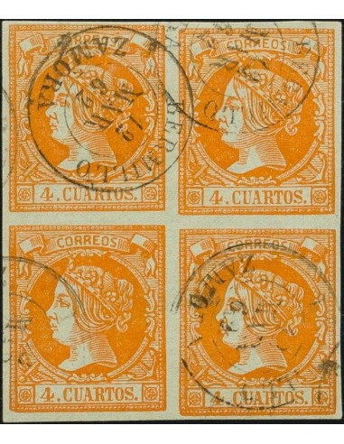 Castilla y León. Filatelia. º52(4). 1860. 4 cuartos naranja, bloque de cuatro. Matasello BERMILLO / ZAMORA. MAGNIFICO Y EXTRAO