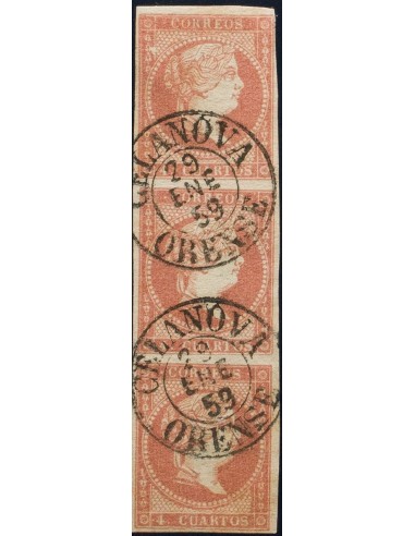 Galicia. Filatelia. º48(3). 1856. 4 cuartos rojo, tira de tres. Matasello CELANOVA / ORENSE (Tipo I). MAGNIFICA ESTAMPACION Y