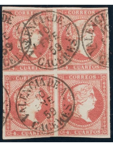 Extremadura. Filatelia. º48(4). 1856. 4 cuartos rojo, bloque de cuatro. Matasello VALENCIA DE A. / CACERES (Tipo I). MAGNIFICO