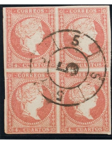 Andalucía. Filatelia. º48(4). 1856. 4 cuartos rojo, bloque de cuatro. Matasello R.CARRETA Nº5, de Granada. MAGNIFICO.