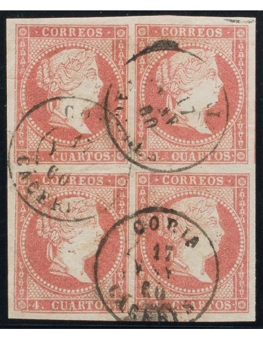 Extremadura. Filatelia. º48(4). 1856. 4 cuartos rojo, bloque de cuatro. Matasello CORIA / CACERES. MAGNIFICO Y MUY RARO.