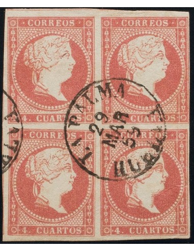 Andalucía. Filatelia. º48(4). 1856. 4 cuartos rojo, bloque de cuatro. Matasello LA PALMA / HUELVA (Tipo I). MAGNIFICO Y EXTRAO