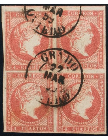Asturias. Filatelia. º48(4). 1856. 4 cuartos rojo, bloque de cuatro. Matasello GRADO / OVIEDO (Tipo I). MAGNIFICO Y RARO.