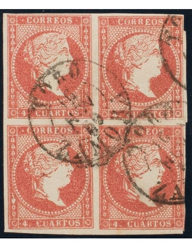 Castilla y León. Filatelia. º48(4). 1856. 4 cuartos rojo, bloque de cuatro. Matasello TORO / ZAMORA (Tipo I). MAGNIFICO.
