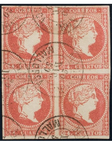 Islas Baleares. Filatelia. º48(4). 1856. 4 cuartos rojo, bloque de cuatro. Matasello MACANOR / MALLORCA, en lugar de MANACOR.