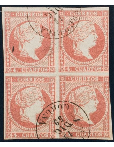 Galicia. Filatelia. º48(4). 1856. 4 cuartos rojo, bloque de cuatro. Matasello NEGREIRA / LA CORUÑA. MAGNIFICO Y MUY RARO.