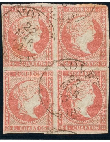 Castilla-La Mancha. Filatelia. º48(4). 1856. 4 cuartos rojo, bloque de cuatro. Matasello NOVES / TOLEDO (Tipo I). MAGNIFICO.