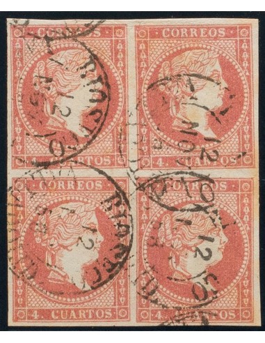 Castilla y León. Filatelia. º48(4). 1856. 4 cuartos rojo, bloque de cuatro. Matasello RIOSECO / VALLADOLID (Tipo I). MAGNIFICO