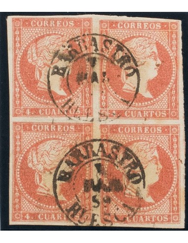 Aragón. Filatelia. º48(4). 1856. 4 cuartos rojo, bloque de cuatro. Matasello BARBASTRO / HUESCA (Tipo I). MAGNIFICO.