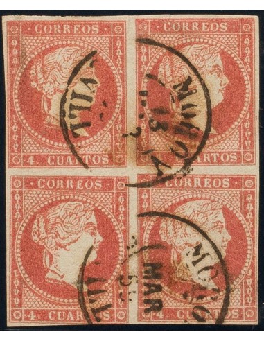 Andalucía. Filatelia. º48(4). 1856. 4 cuartos rojo, bloque de cuatro. Matasello MORON / SEVILLA (Tipo I). MAGNIFICO Y MUY RARO