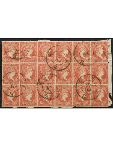 Aragón. Filatelia. Fragmento 48(18). 1859. 4 cuartos rojo, bloque de dieciocho, sobre fragmento (doblez, sin importancia, que
