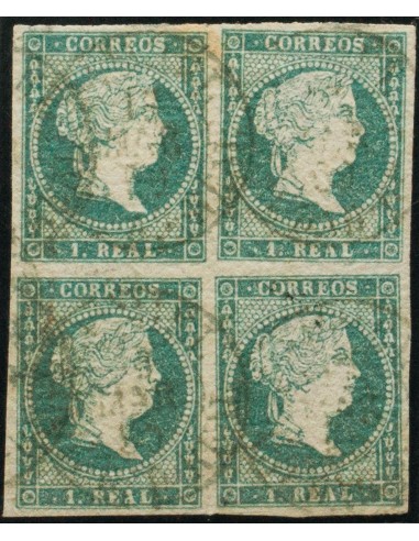 Castilla-La Mancha. Filatelia. º45(4). 1855. 1 real azul, bloque de cuatro. Matasello DAIMIEL / CIUDAD REAL (Tipo I). MAGNIFIC
