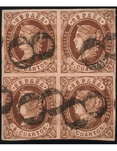Extremadura. Filatelia. º58(4). 1862. 4 cuartos castaño, bloque de cuatro. Matasello de porteo "8", de Fuente de Cantos. MAGNI
