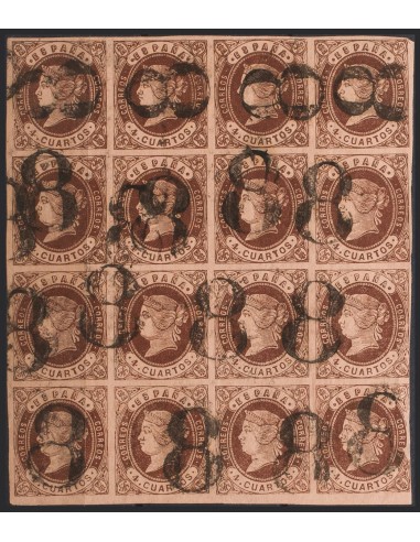 Isabel II. Periodo Sin Dentar. º58(16). 1862. 4 cuartos castaño, bloque de dieciséis. Matasello de porteo "8", de uso general.