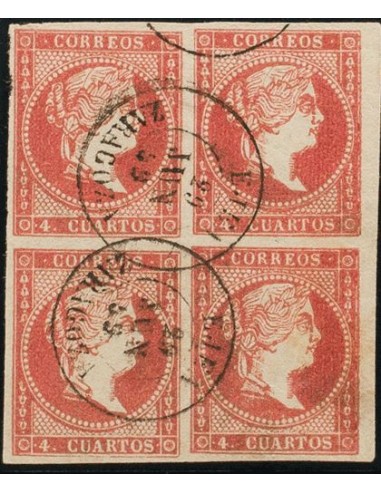 Aragón. Filatelia. º48(4). 1855. 4 cuartos rojo, bloque de cuatro. Matasello EJEA / ZARAGOZA. MAGNIFICO.