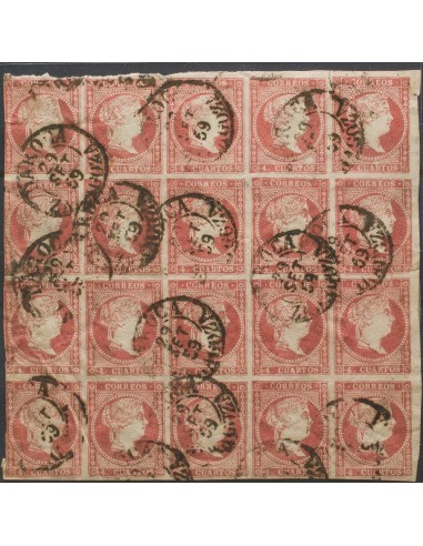 Aragón. Filatelia. º48(20). 1855. 4 cuartos rojo, bloque de veinte (margen izquierdo justo). Matasello DAROCA / ZARAGOZA (Tipo