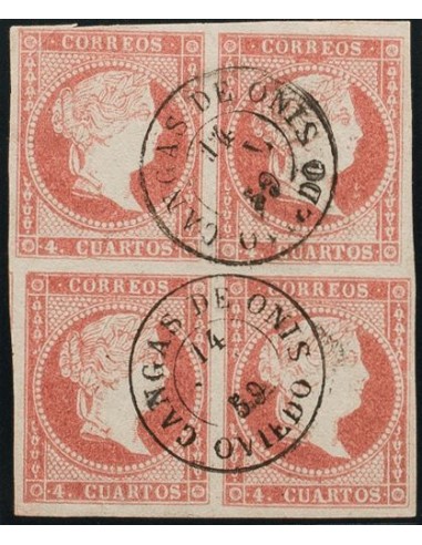 Asturias. Filatelia. º48(4). 1855. 4 cuartos rojo, bloque de cuatro. Matasello CANGAS DE ONIS / OVIEDO. MAGNIFICO.