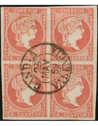 Comunidad Valenciana. Filatelia. º48(4). 1855. 4 cuartos rojo, bloque de cuatro. Matasello GANDIA / VALENCIA (Tipo I). MAGNIFI