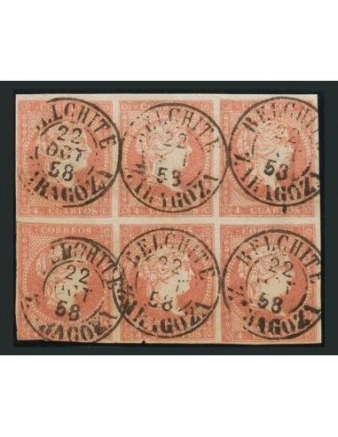 Aragón. Filatelia. º48(6). 1855. 4 cuartos rojo, bloque de seis. Matasello BELCHITE / ZARAGOZA (Tipo I). MAGNIFICO.