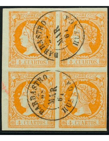 Aragón. Filatelia. º52(4). 1860. 4 cuartos naranja, bloque de cuatro, borde de hoja. Matasello BARBASTRO / HUESCA. MAGNIFICO.