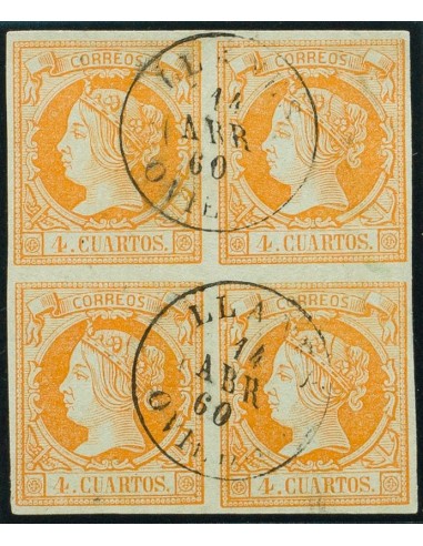 Asturias. Filatelia. º52(4). 1860. 4 cuartos naranja, bloque de cuatro. Matasello LLANES / OVIEDO. MAGNIFICO.