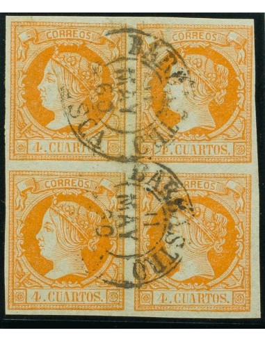 Aragón. Filatelia. º52(4). 1860. 4 cuartos naranja, bloque de cuatro. Matasello BARBASTRO / HUESCA (Tipo I). MAGNIFICO.