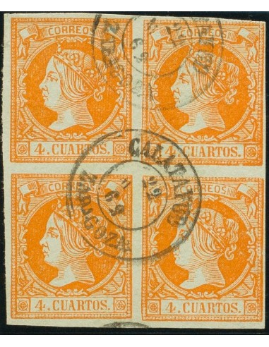 Aragón. Filatelia. º52(4). 1860. 4 cuartos naranja, bloque de cuatro. Matasello CALATAYUD / ZARGOZA. MAGNIFICO.