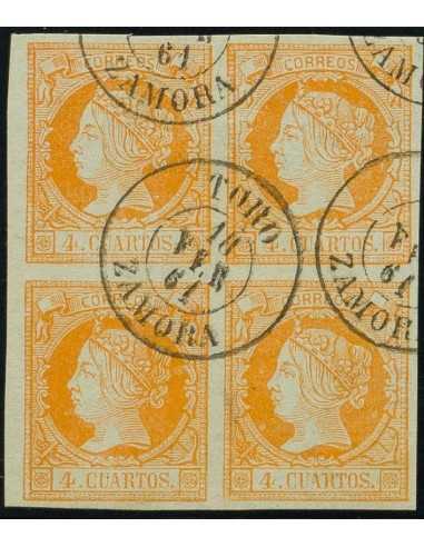 Castilla y León. Filatelia. º52(4). 1860. 4 cuartos naranja, bloque de cuatro. Matasello TORO / ZAMORA. MAGNIFICO.