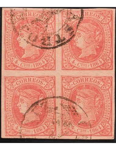 Castilla y León. Filatelia. º64(4). 1864. 4 cuartos rojo, bloque de cuatro (un sello con defectito). Matasello prefilatélico C