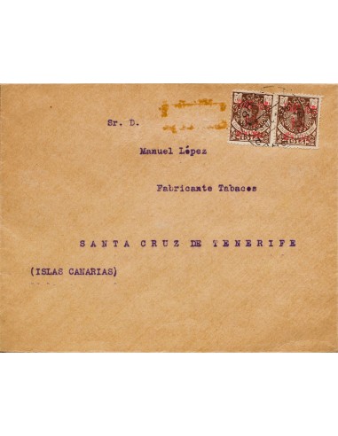 Cabo Juby. Sobre 3(2). 1916. 15 cts sobre 50 cts castaño, dos sellos. Carta Filatélica de CABO JUBY a SANTA CRUZ DE TENERIFE.