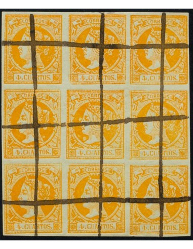 Falso Postal. º52F(9). 1860. 4 cuartos naranja, bloque de nueve. FALSO POSTAL TIPO XIII. Inutilizado a pluma. MAGNIFICO Y RARO