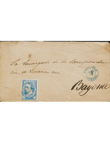 Correo Carlista. Sobre 156. 1873. 1 real azul. VERGARA a BAYONA (FRANCIA, "Al encargado de la correspondencia"). Al dorso trán