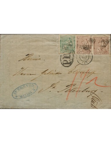 I República. Sobre 133, 135(2). 1873. 10 cts verde y 25 cts castaño, dos sellos. MALAGA a SAN PETERSBURGO (RUSIA). MAGNIFICA Y