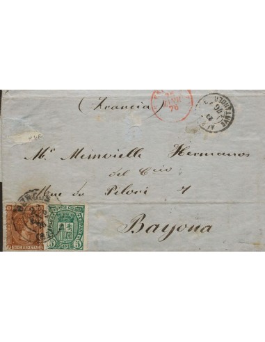 Castilla y León. Historia Postal. Sobre 167, 154. 1876. 40 cts castaño y 5 cts verde. BURGOS a BAYONA (FRANCIA). El sello de I