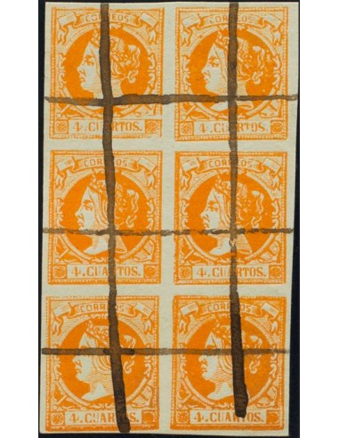 Falso Postal. º52F(6). 1860. 4 cuartos naranja FALSO POSTAL TIPO XIII, bloque de seis. Inutilizado a pluma. MAGNIFICO.