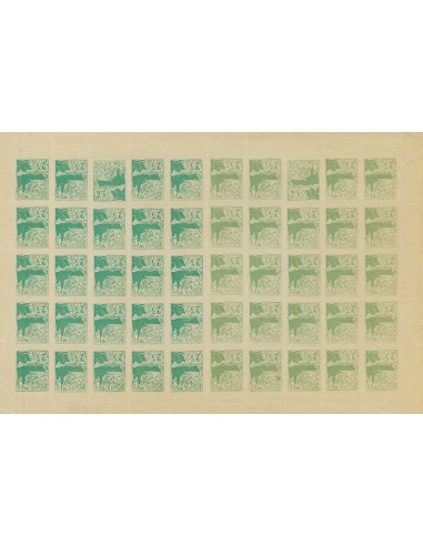 Guerra Civil. Locales. (*). 1937. 25 cts verde oliva y verde claro, hoja completa de cincuenta sellos. LUGO. La mitad en un co