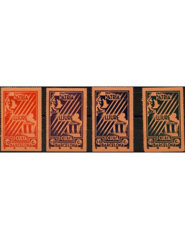 Guerra Civil. Viñeta. */(*). 1937. Cuatro sellos del 10 cts en diferentes colores. BARCELONA PRO PATRIA LLIURE I CULTA. MAGNIF