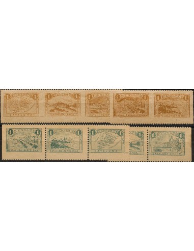 Guerra Civil. Viñeta. (*). (1910ca). Diez viñetas del 1 cts en castaño claro y verde azul. CATALUÑA. MAGNIFICAS Y RARAS.