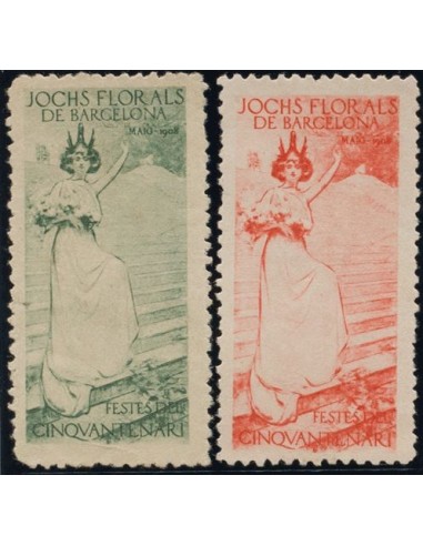 Guerra Civil. Viñeta. (*). 1908. Dos viñetas en verde y rosa. CATALUÑA JOCHS FLORALS DE BARCELONA. MAGNIFICAS. (Nathan 58)